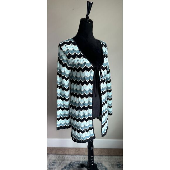 Vintage MKM Women's Chevron Knit Long Sleeve Mid Length Cardigan Sweater Size L - Picture 2 of 8